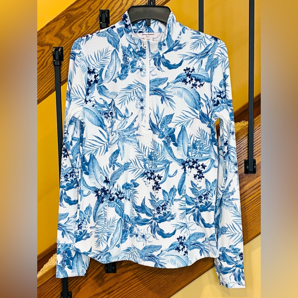 Tommy Bahama Golf 1/4 Zip Mock Neck Tabu Jungle Blue -White SZ. Med Women’s